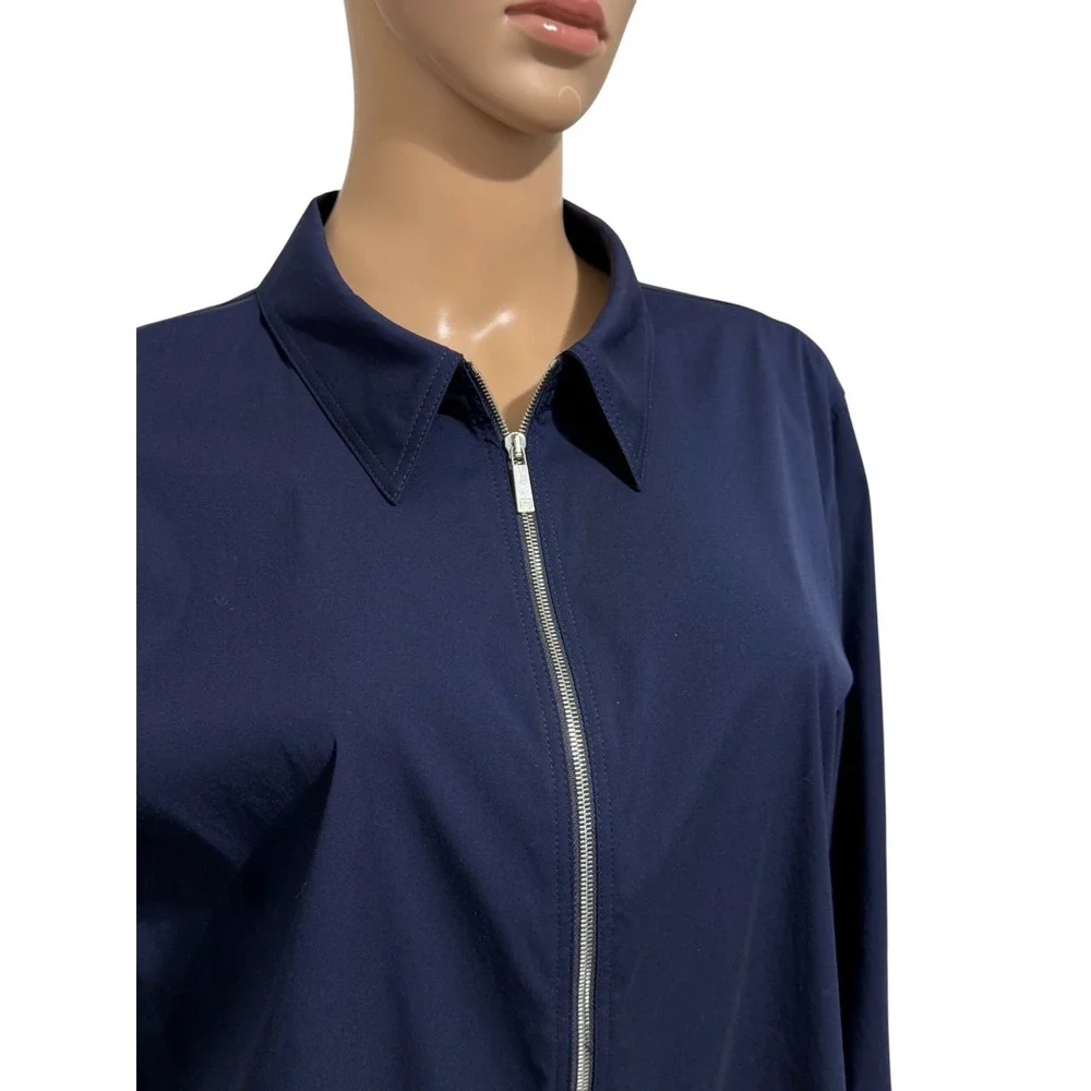 Lafayette 148 New York Zip Front Blouse Sz 16 Navy Stretch Cotton Collared Top - Picture 7 of 14